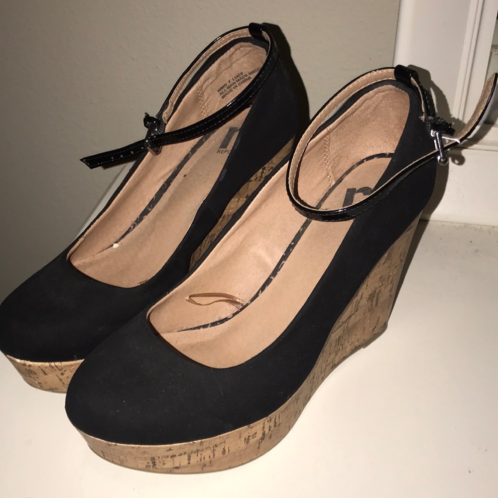 Black/tan wedges with ankle strap